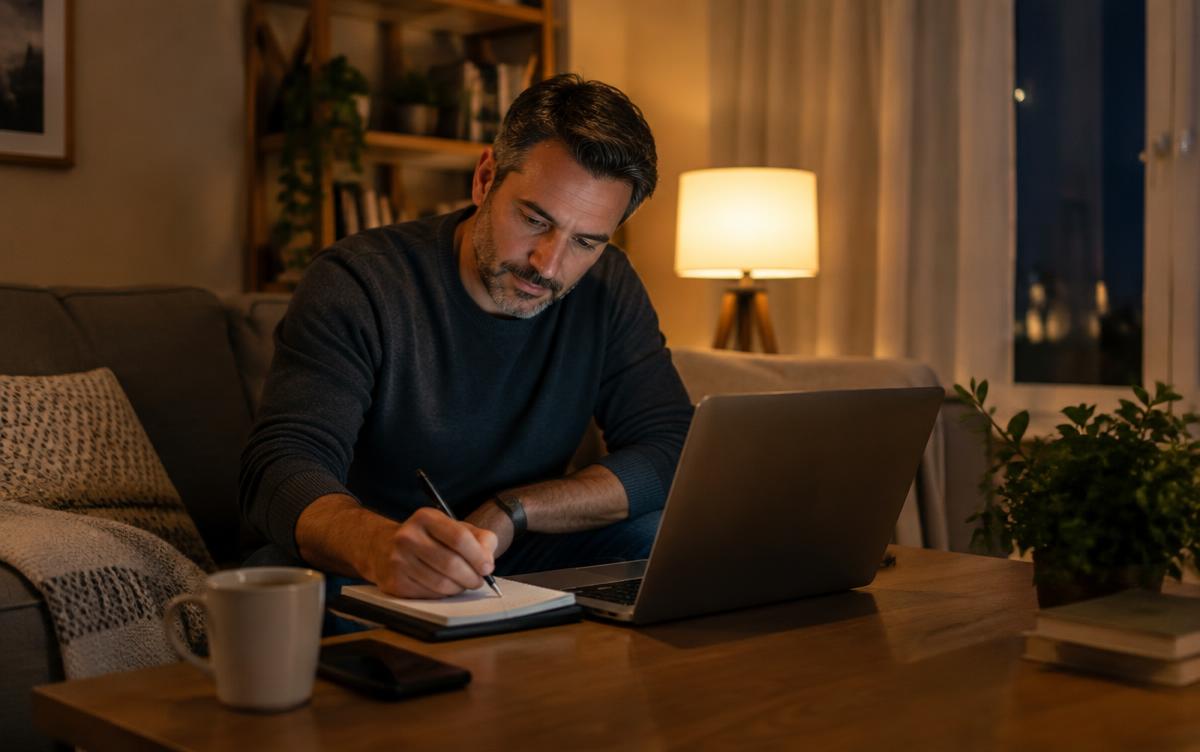 Mann Mitte 40 plant abends am Laptop, wie er Affiliate-Marketing nebenberuflich startet