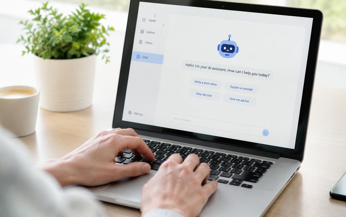 Hände auf Laptop-Tastatur mit KI-Assistent auf dem Bildschirm – KI-Tools sparen Berufstätigen Zeit