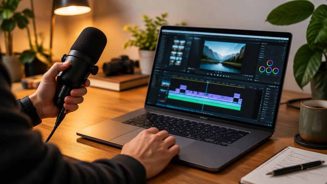 Hände mit Mikrofon vor Laptop mit Videoschnitt – Reichweite ohne Gesicht zeigen ab 40