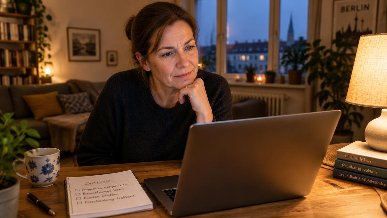 Frau Mitte 40 prüft abends am Laptop mit Checkliste, ob ein Nebenjob von zuhause seriös ist