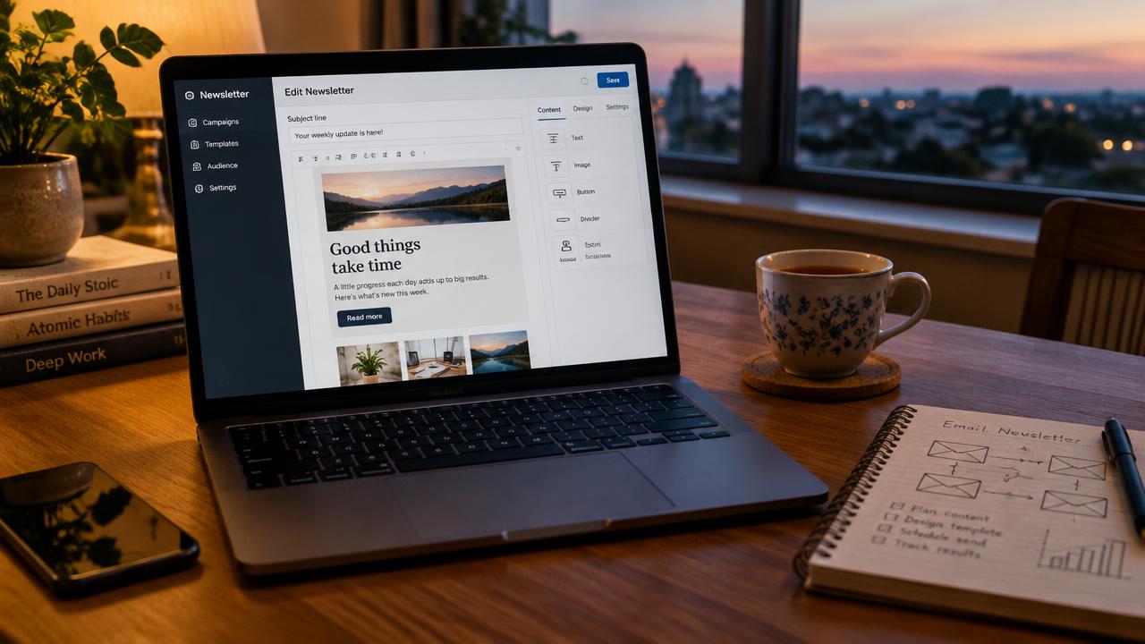 Laptop mit Newsletter-Editor und Tasse Tee am Abend – Newsletter neben Vollzeitjob ab 40