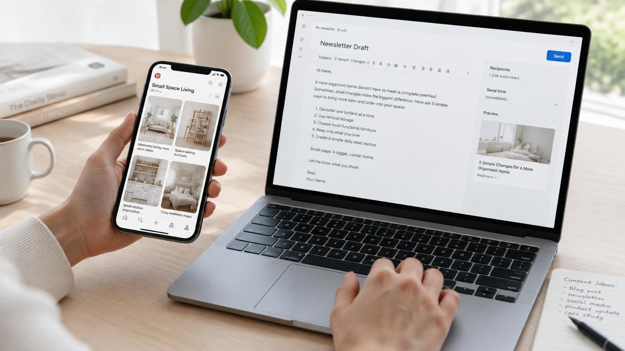 Hände mit Smartphone und Laptop: Pinterest-Pins und Newsletter für Affiliate-Marketing ohne Website