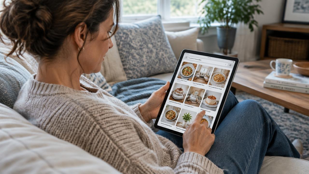 Frau in ihren 40ern scrollt auf dem Sofa durch Pinterest-Pins – Pinterest statt Instagram für Berufstätige