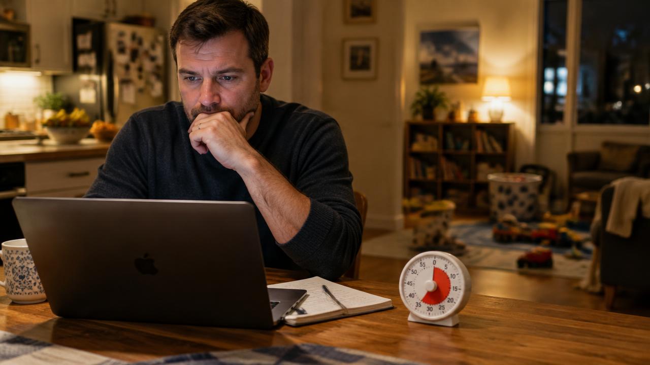 Vater Anfang 40 arbeitet abends am Küchentisch am Laptop, daneben ein Küchenwecker auf 30 Minuten